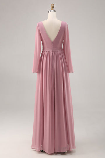 Simple Dusty Rose V-Neck Long Sleeves Bridesmaid Dress with Slit